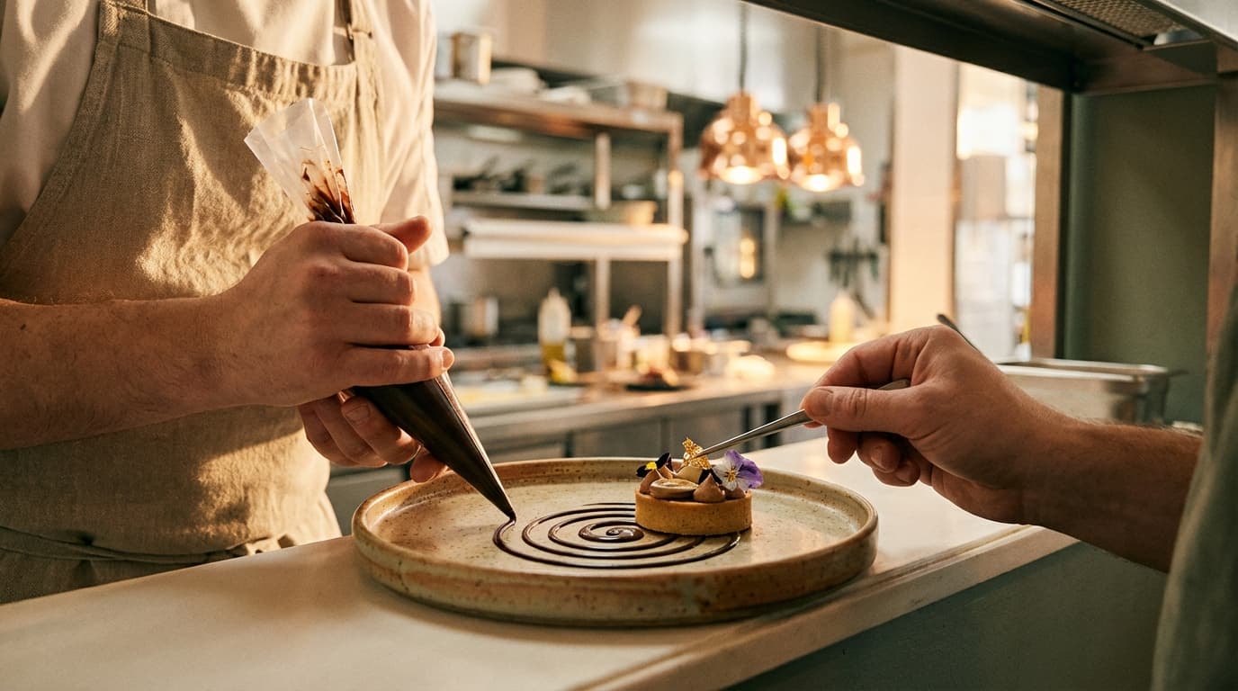 Chef Grant plating a delicate dessert course