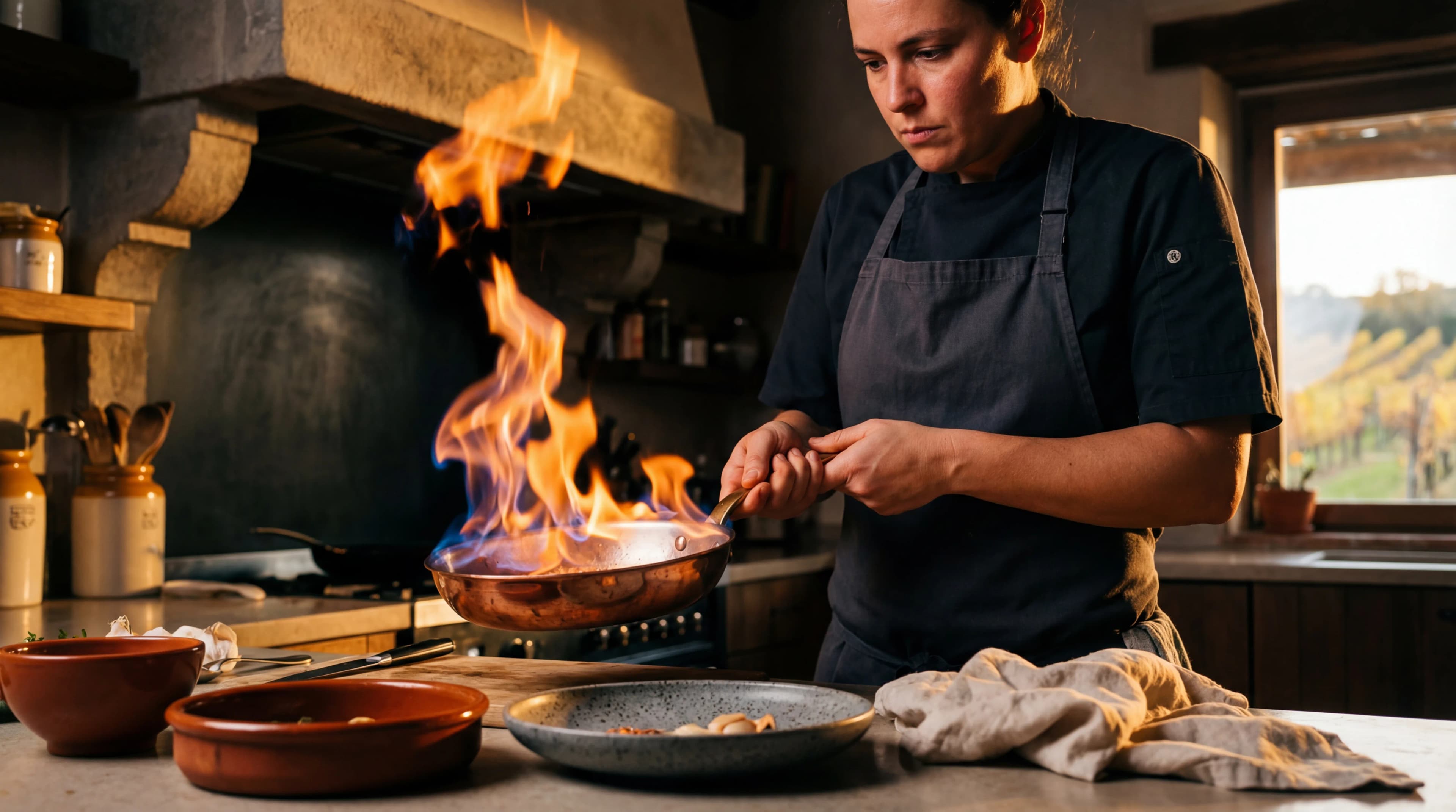 Chef creating a dramatic flambe in the kitchen
