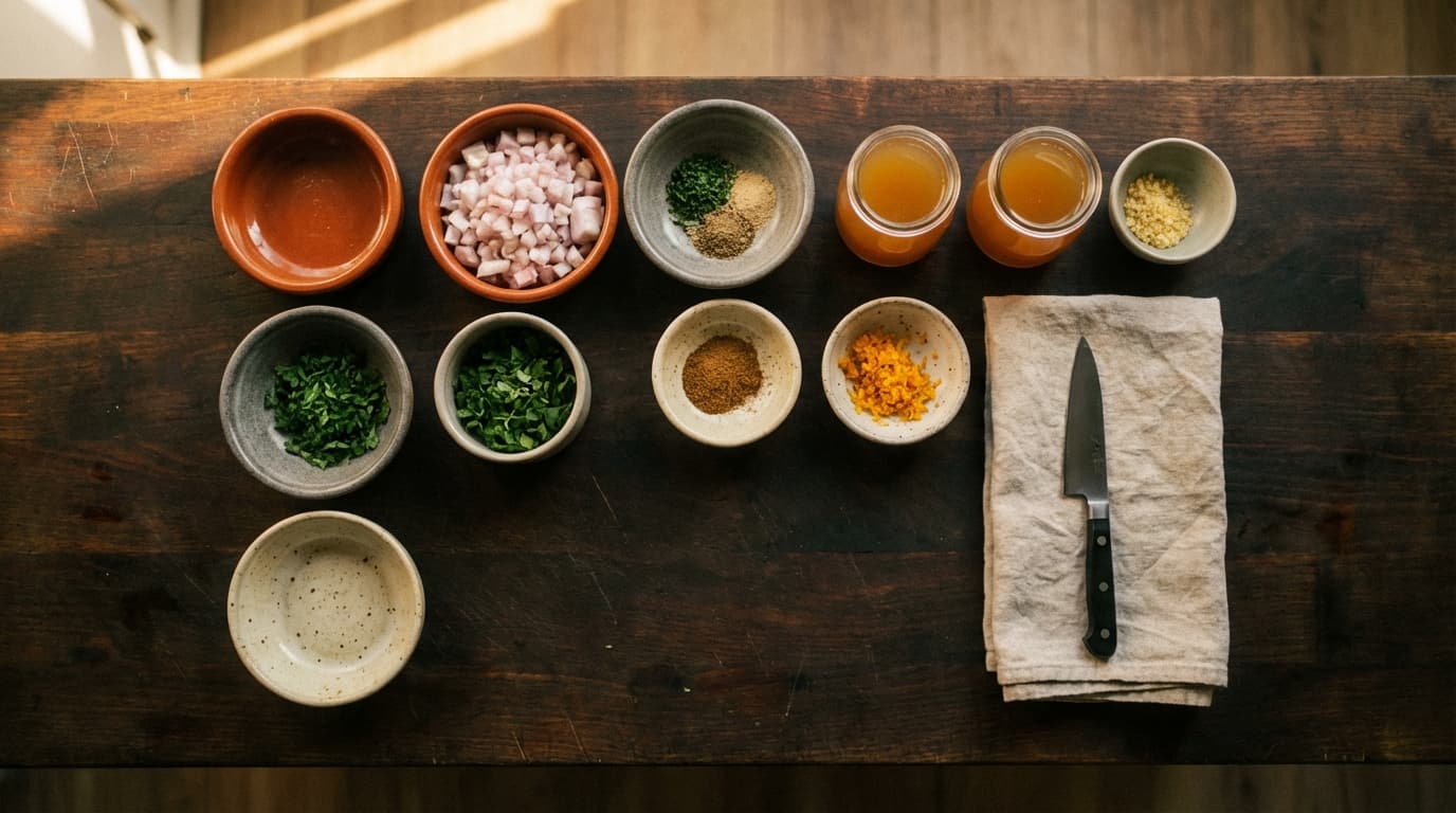 Beautifully arranged mise en place before service