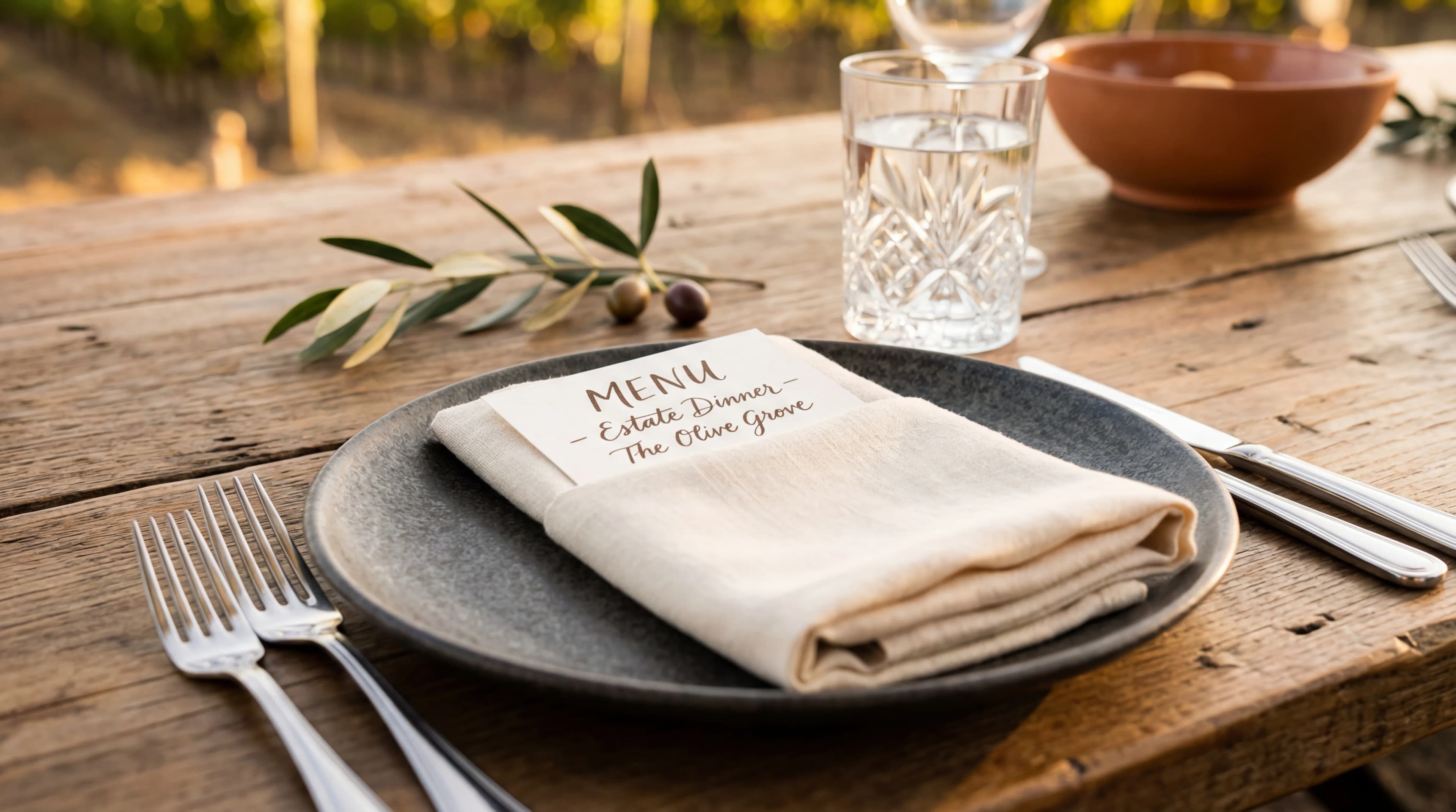Detailed place setting with crystal stemware and gold accents