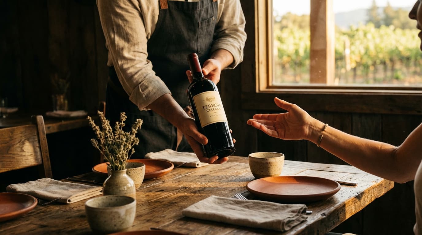 Sommelier presenting a wine selection tableside