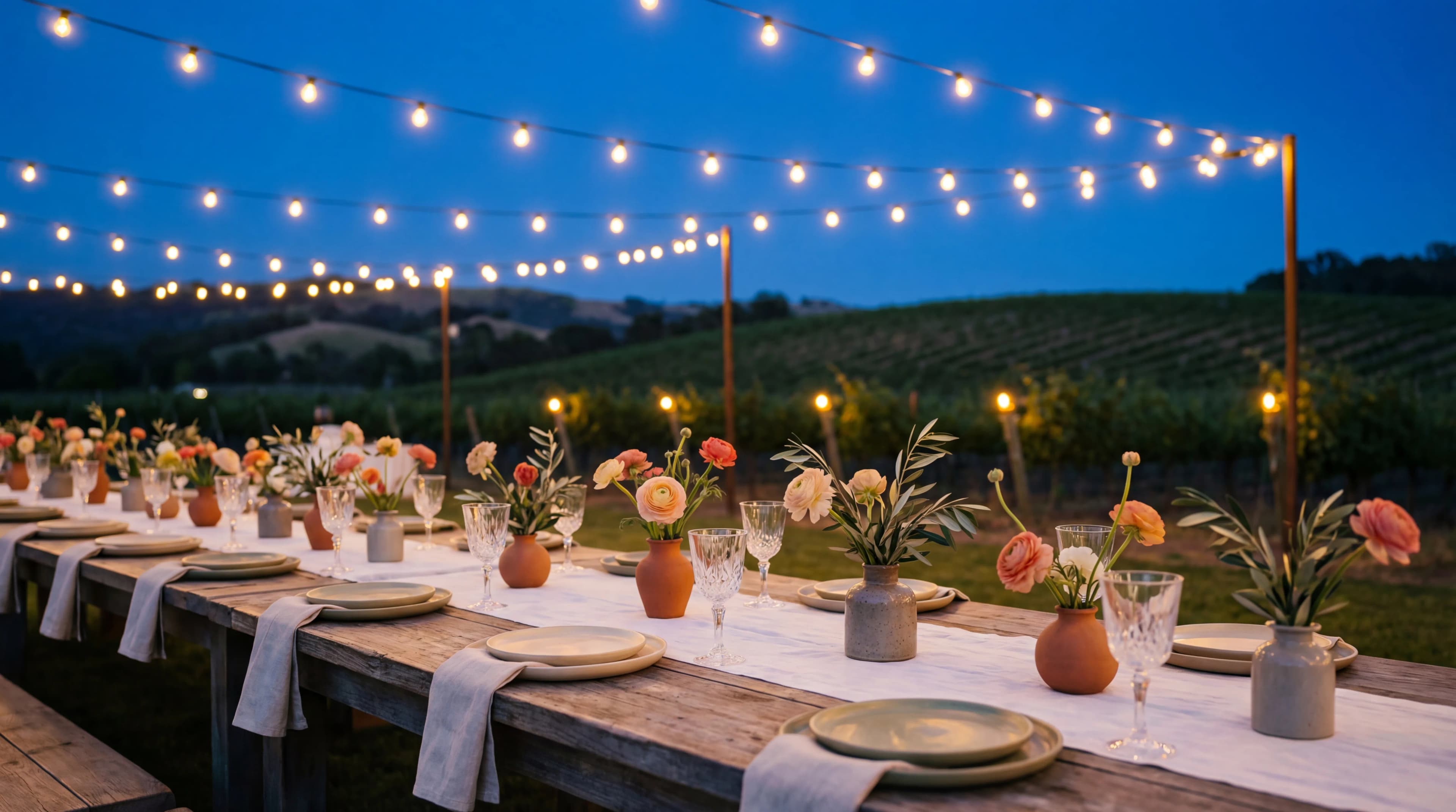 Elegant vineyard dinner setup under string lights