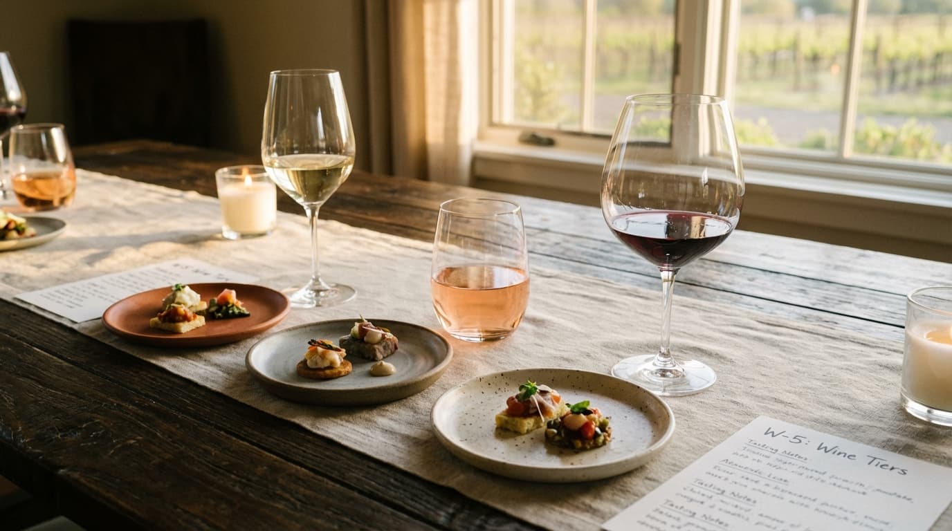 Crystal glassware arranged at a private dinner wine pairing station