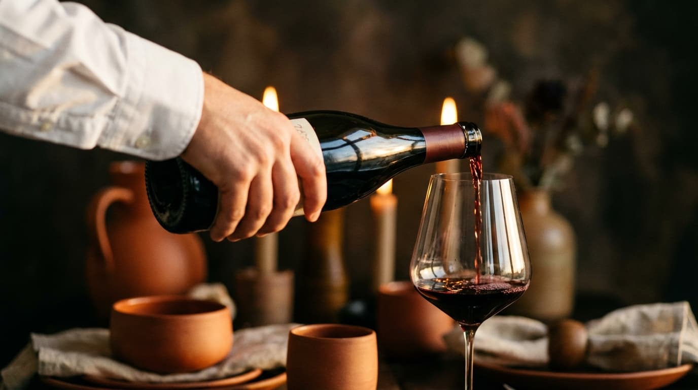 Sommelier pouring a glass of red wine during a private dinner